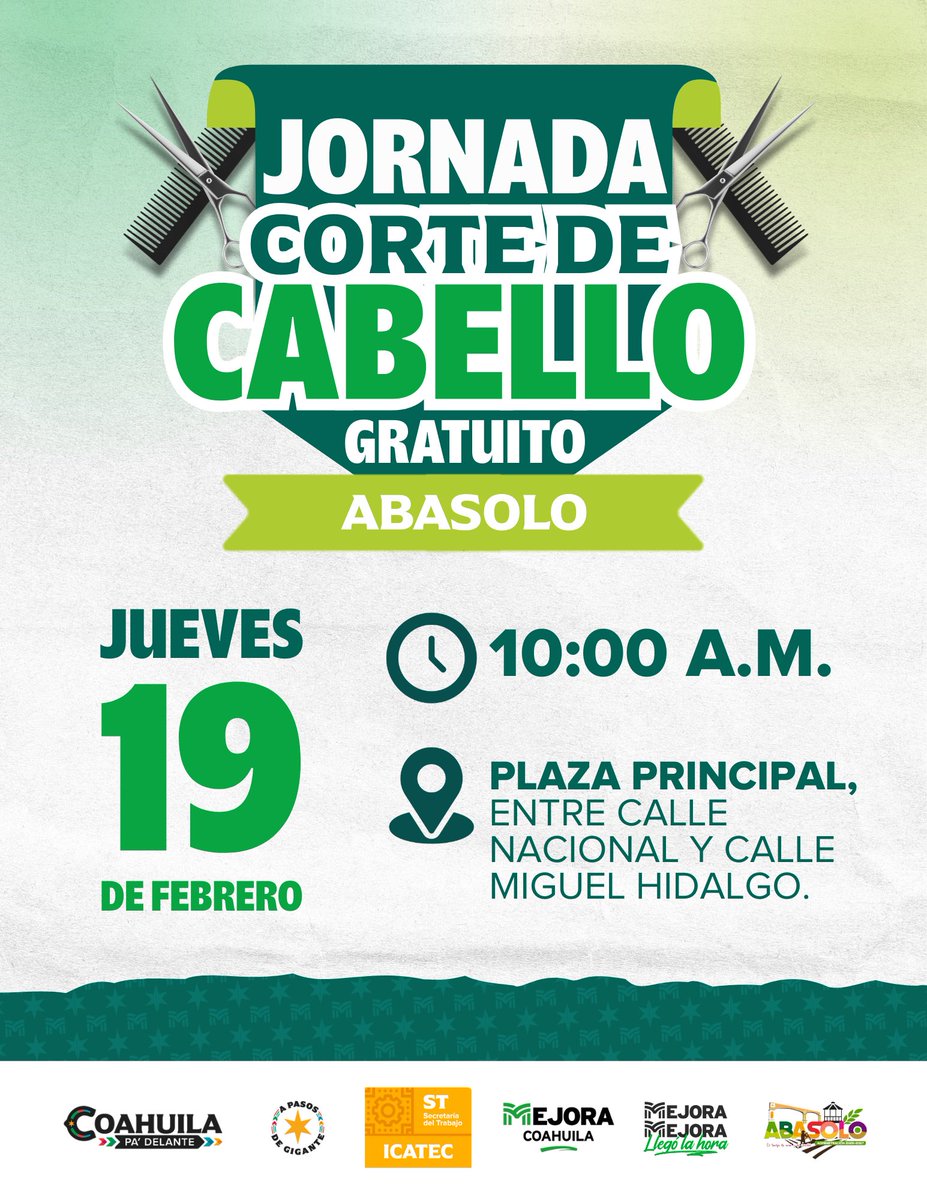 ¡Es hora de un cambio de look! Te esperamos en nuestra Jornada de Corte de Cabello Gratuito en #Abasolo.

#CoahuilaPaDelante #APasosDeGigante #MejoraTuEconomía