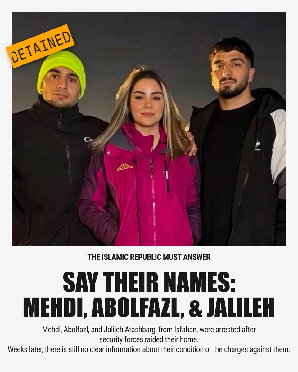 Three siblings from Isfahan, professional wrestler brothers Mehdi and Abolfazl, and their sister Jalileh Atashbarg, were arrested after regime forces raided their home. Weeks later, their condition and the charges against them remain unknown.

Reports indicate the brothers had