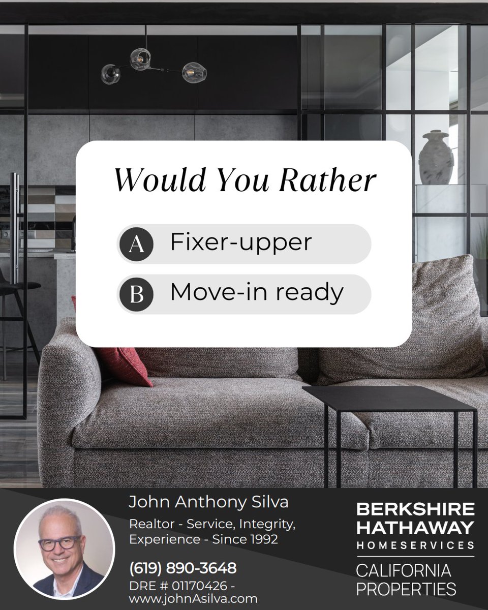 johnasilvaRE's tweet image. House hunting? Would you rather a fixer-upper to make your own or a move-in ready home? 🏠 Think long-term comfort and cost. Share your choice! 🛠️🔑

#wouldyourather #fixerupper #moveinready #BHHS #BHHSRealEstate #HomeSellingHelp #AgentHelp #SanDiegoRealEstate