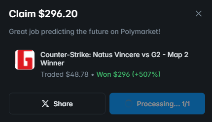 I just won 296.20 on <a href="/Polymarket/">Polymarket</a>!

+507% luckyyyyyy

Join me and put your money where your mouth is: poly.market/gxFYdgJ