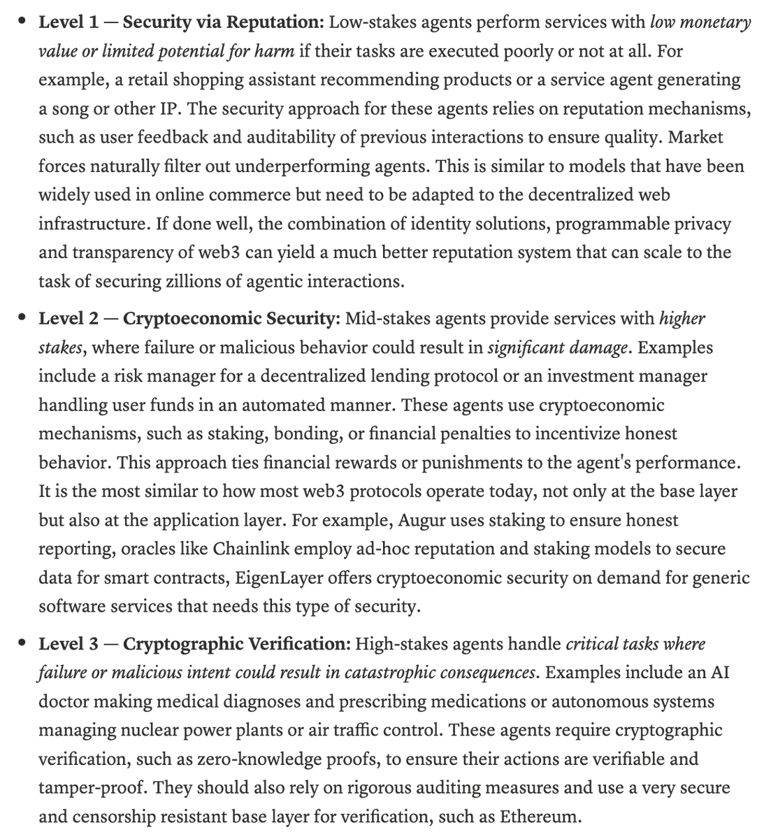 DavideCrapis's tweet photo. The post below set a vision of using Ethereum for Agents Trust.

Three Levels of increasing security:
L1 - Reputation.
L2 - Cryptoeconomic.
L2 - Cryptographic.

13 months later we have 8004 live on Ethereum Mainnet &amp; 20+ other chains. L1 live and L2+L3 coming soon!

What a year! https://t.co/GG5VW2qkXo