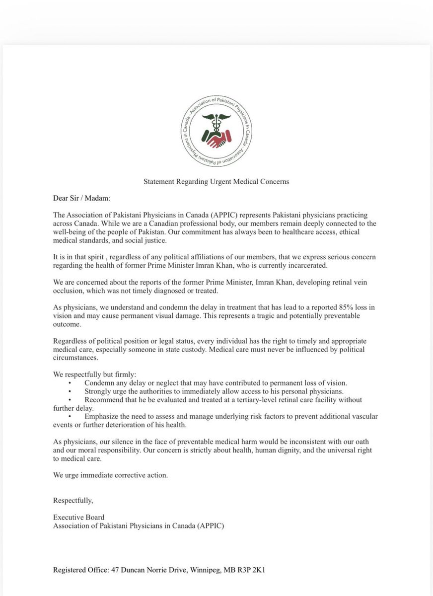 Association of Pakistani Physicians in Canada (APPIC) has issued a strong condemnation and a demand for immediate medical care to be provided to Imran Khan. We appreciate their concern and thank them for raising their voice in this matter. <a href="/PTIofficial/">PTI</a> <a href="/PTIOfficialCA/">PTI Canada Official</a>