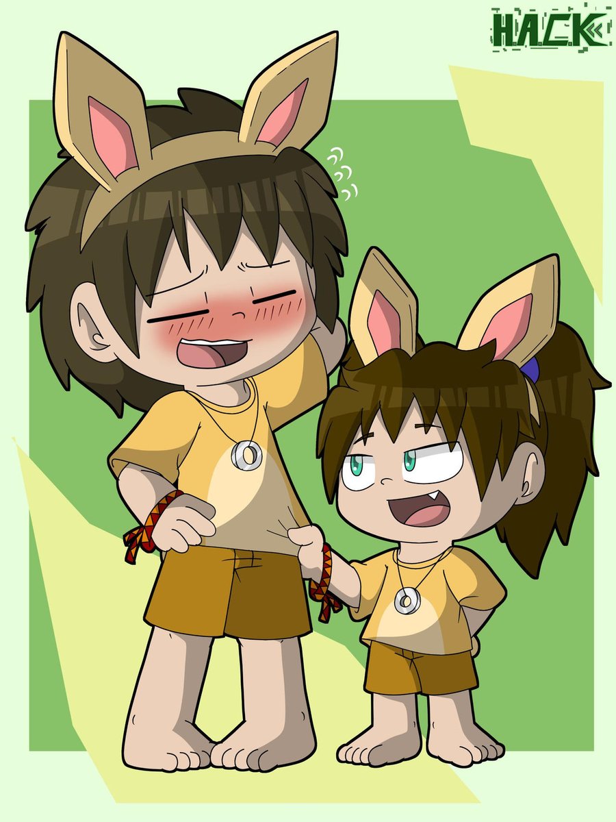 Steel120type's tweet image. A redrawing of Harold dressing up with his little sister, Chloe, as bunnies. Harold doesn't want to do it, but...He doesn't like seeing his sister upset~  The life of a big brother.