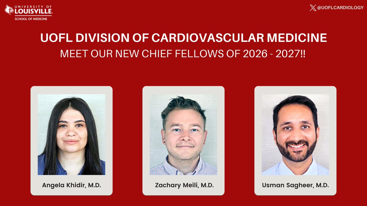 UofLCardiology's tweet photo. We are excited to introduce our new Chief Fellows @KhidhirAngela @MeiliZach @usman_sagheer!👏Looking forward to a great year of training and leadership.✨@shahabghaf @uofl @UofLMedicine @UofLHealth #cardiology #chieffellows https://t.co/Gs3ML80Zti