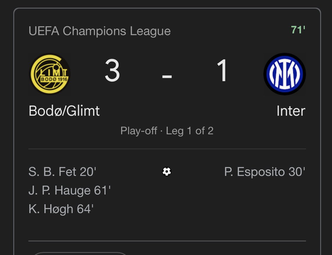 Bodo/Glimt, from a town with a population of 20,000, are beating Inter Milan in the UCL KO rounds.

What in the 10-years-into-a-Football-Manager-save is going on! 😂
