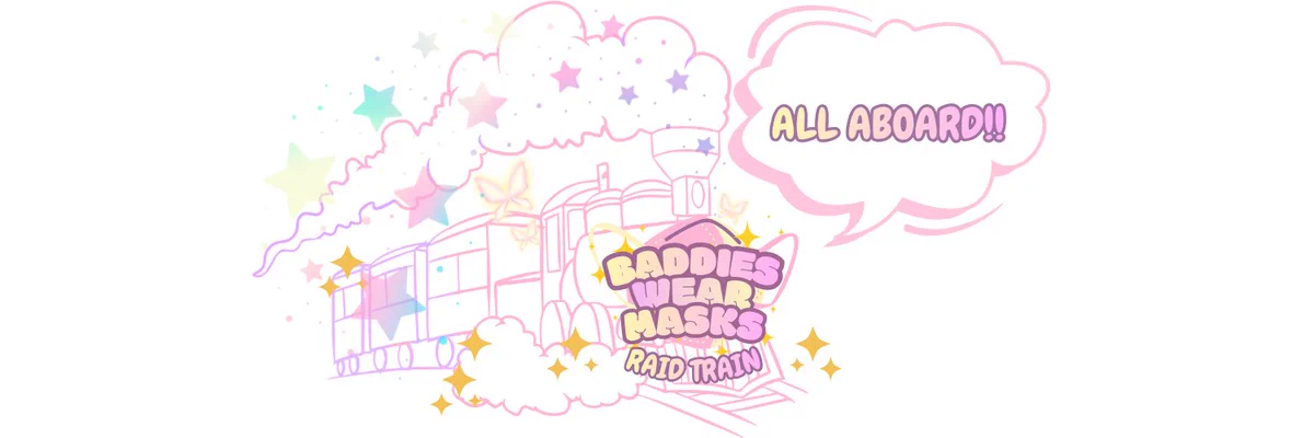 A graphic of a colorful raid train that is pink and yellow in gradient form. The train has All Abroad with smoke and stars coming out of the top. 