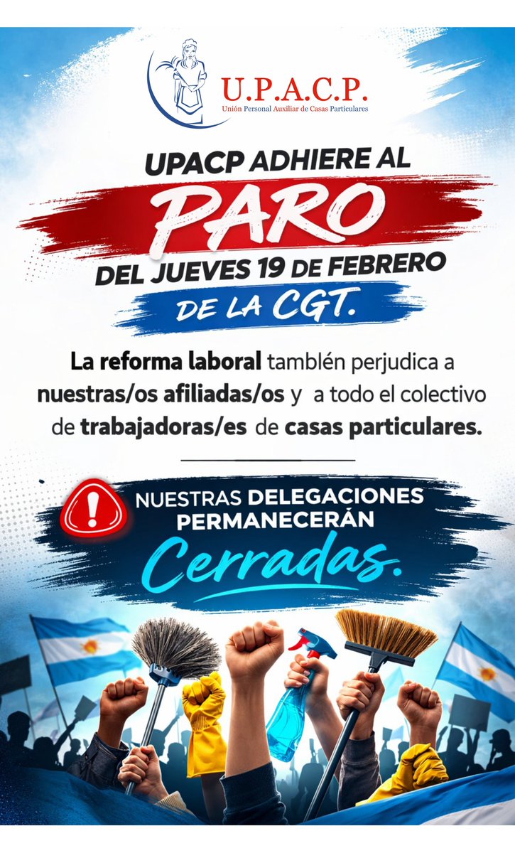 ospacp's tweet photo. UPACP ADHIERE AL PARO DEL JUEVES 19 DE FEBRERO DE LA CGT.

La reforma laboral  también perjudica a nuestras/os afiliadas/os y  a todo el colectivo de trabajadoras/es de casas particulares. Nuestras delegaciones permanecerán cerradas. https://t.co/NWWKZnPPXx