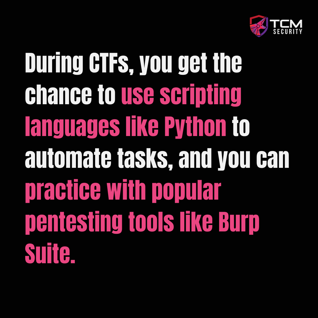 TCMSecurity's tweet photo. As you refine your skillset with #CTFs, don't forget about our Academy! It has 20+ courses that will shape you into a better pentester (like Practical Bug Bounty, for example.)

See them all here: https://t.co/9ucwZu5l0t

Looking to become more involved with capture-the-flag competitions AKA CTFs? Here are a few pointers to help you on your way, and some recommendations for why and how to start.

𝗪𝗵𝘆 𝘀𝗵𝗼𝘂𝗹𝗱 𝗜 𝗱𝗼 𝗖𝗧𝗙𝘀? CTFs are clearly a way to refine your pentesting skillset, but let's be more specific. CTFs help participants develop their troubleshooting skills, learn about the underlying technologies they are testing, encourage learning in a safe environment, and can really appeal to people with a more competitive edge. 

𝗪𝗵𝗮𝘁 𝗱𝗼 𝗜 𝗹𝗲𝗮𝗿𝗻? You can learn to use scripting languages like Python to automate tasks during the CTF, and you can get more familiar with popular pentesting tools like Burp Suite. 

𝗥𝗲𝗮𝗱𝘆 𝘁𝗼 𝘀𝘁𝗮𝗿𝘁? Choose any of the numerous beginner-friendly CTFs! Popular CTFs include OvertheWire, RootMe, and PicoCTF. Be sure to bookmark https://t.co/nPj31dM30V if you decide you really want to go further with CTFs.

(P.S. We might have a CTF on the way VERY soon...)