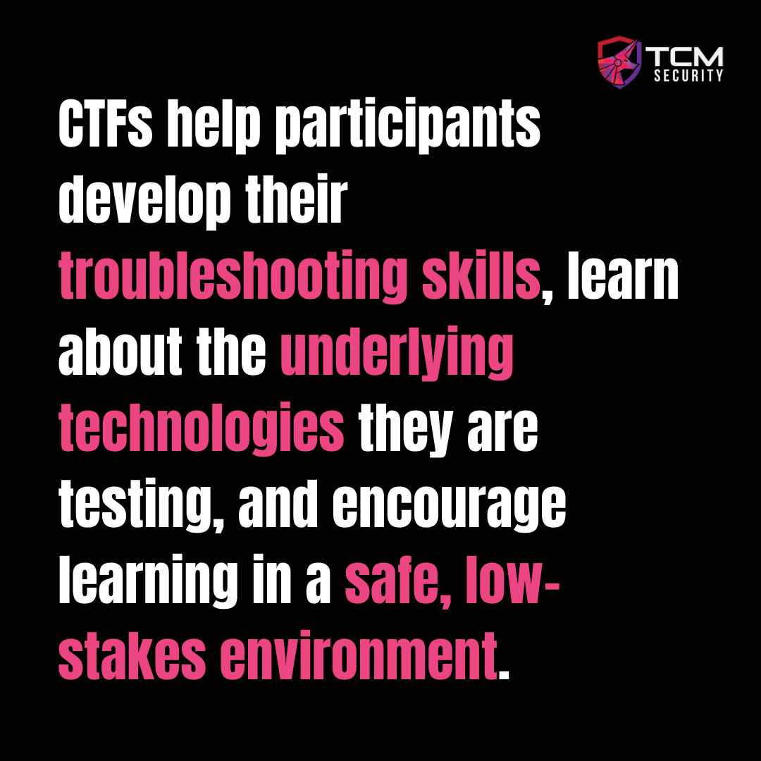 TCMSecurity's tweet photo. As you refine your skillset with #CTFs, don't forget about our Academy! It has 20+ courses that will shape you into a better pentester (like Practical Bug Bounty, for example.)

See them all here: https://t.co/9ucwZu5l0t

Looking to become more involved with capture-the-flag competitions AKA CTFs? Here are a few pointers to help you on your way, and some recommendations for why and how to start.

𝗪𝗵𝘆 𝘀𝗵𝗼𝘂𝗹𝗱 𝗜 𝗱𝗼 𝗖𝗧𝗙𝘀? CTFs are clearly a way to refine your pentesting skillset, but let's be more specific. CTFs help participants develop their troubleshooting skills, learn about the underlying technologies they are testing, encourage learning in a safe environment, and can really appeal to people with a more competitive edge. 

𝗪𝗵𝗮𝘁 𝗱𝗼 𝗜 𝗹𝗲𝗮𝗿𝗻? You can learn to use scripting languages like Python to automate tasks during the CTF, and you can get more familiar with popular pentesting tools like Burp Suite. 

𝗥𝗲𝗮𝗱𝘆 𝘁𝗼 𝘀𝘁𝗮𝗿𝘁? Choose any of the numerous beginner-friendly CTFs! Popular CTFs include OvertheWire, RootMe, and PicoCTF. Be sure to bookmark https://t.co/nPj31dM30V if you decide you really want to go further with CTFs.

(P.S. We might have a CTF on the way VERY soon...)