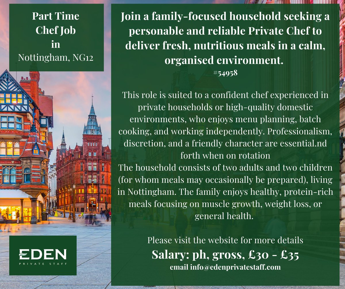 EdenPrivateStaf's tweet image. 👩‍🍳 Part-Time Private Chef – Nottingham 👨‍🍳

edenprivatestaff.com/job/part-time-…
#PrivateChef #PrivateChefJobs #PartTimeChef #ChefJobsUK #DomesticChef #FamilyChef #NutritionFocused #NottinghamJobs