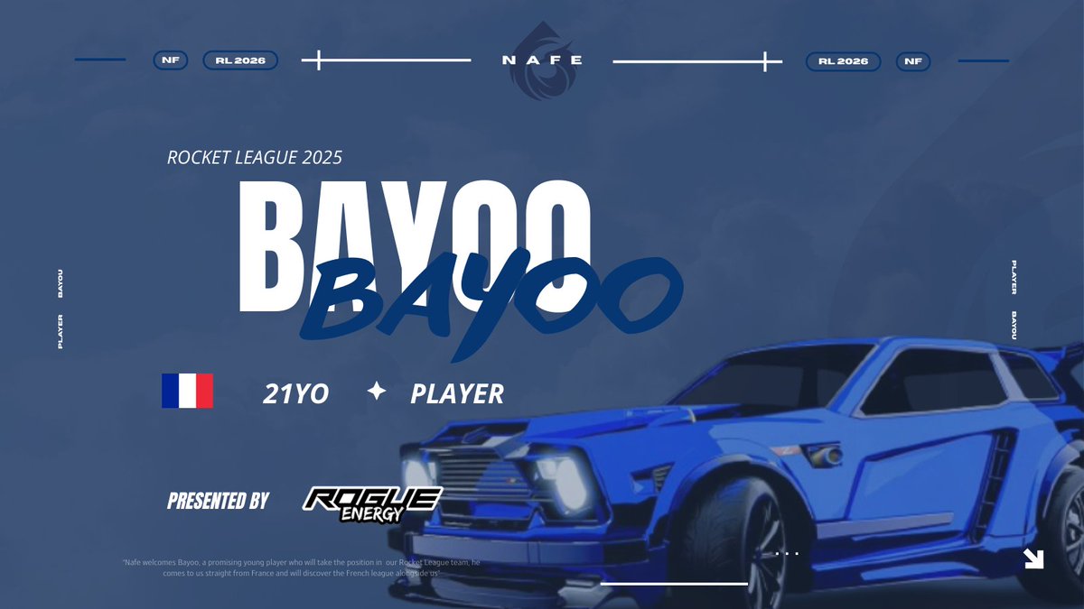 NafeOfficiel's tweet photo. ☎️RL MERCATO !
Nous sommes fiers d’annoncer l’arrivée de @bayoo_rl au sein de notre roster Rocket League 1.
Un joueur talentueux, déterminé et prêt à défendre nos couleurs.💙
#Nafe #RocketLeague https://t.co/CwOQu7iNUn