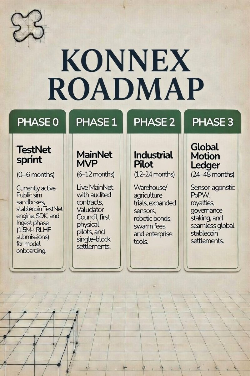 AzharSyedd's tweet image. @konnex_world 
Hey mates what up today I'm talking about Roadmap of konnex which is sumeries that how can 
Konnex build a  Onchain economy in  coming 4 year

Here we go 

Phase 0 :
Test Net Sprint :
which is 
Currently ongoing 0 -6 moths 
Testing public Simulation ..