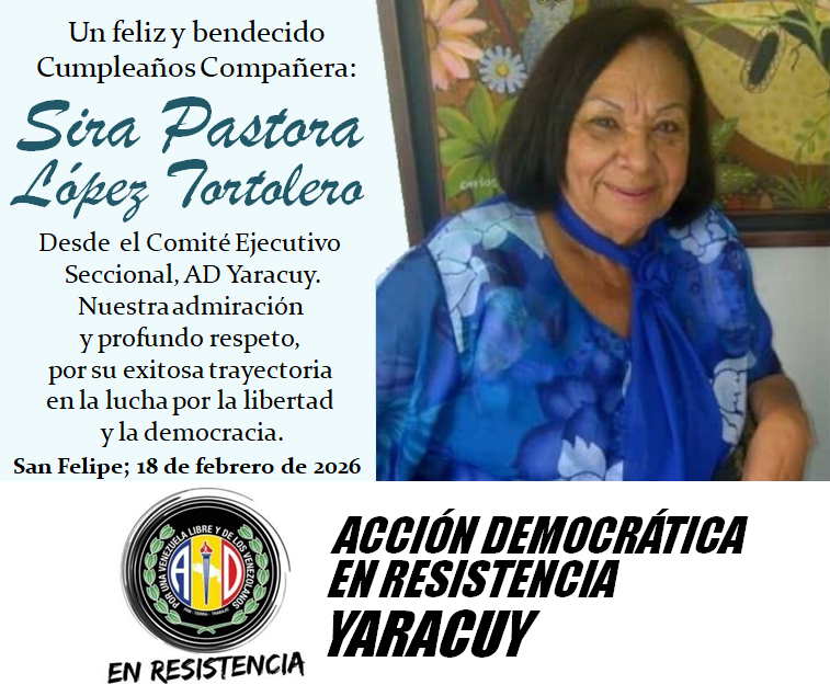 #18Febrero | Un feliz cumpleaños para nuestra querida Compañera Sira Pastora López, pilar fundamental en <a href="/ADemocratica/">Acción Democrática</a> Yaracuy. 
Desde la directiva del CES, hacemos eco de los buenos deseos recogidos desde los 14 CEM, los comité parroquiales y sus estructuras. Dios le bendiga.