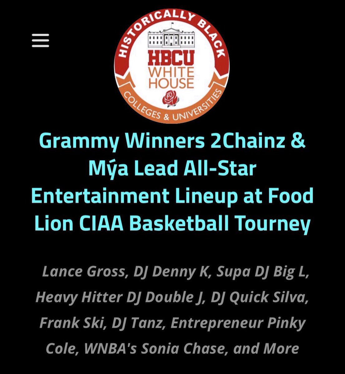 hbcuwhitehouse's tweet photo. #Grammy Winners #2Chainz &amp; #Mýa Lead All-Star #Entertainment Lineup for Food Lion #CIAA #Basketball Tournament  
HBCU White House: Tracking The Culture ’26 https://t.co/AYVBH2fMxR
#News #HBCUwhitehouse #HBCUWH #TrackingTheCulture #UrbanNews #CIAA #Baltimore #HBCU #HBCUs https://t.co/bpxonX5lSL