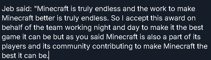 BREAKING: Minecraft has won the "Best Live Service Game" award at the Swedish Game Awards!

Here is what the Chief Creative Officer of Minecraft  <a href="/jeb_/">Jens Bergensten</a>  said as he accepted the award:
#Minecraft