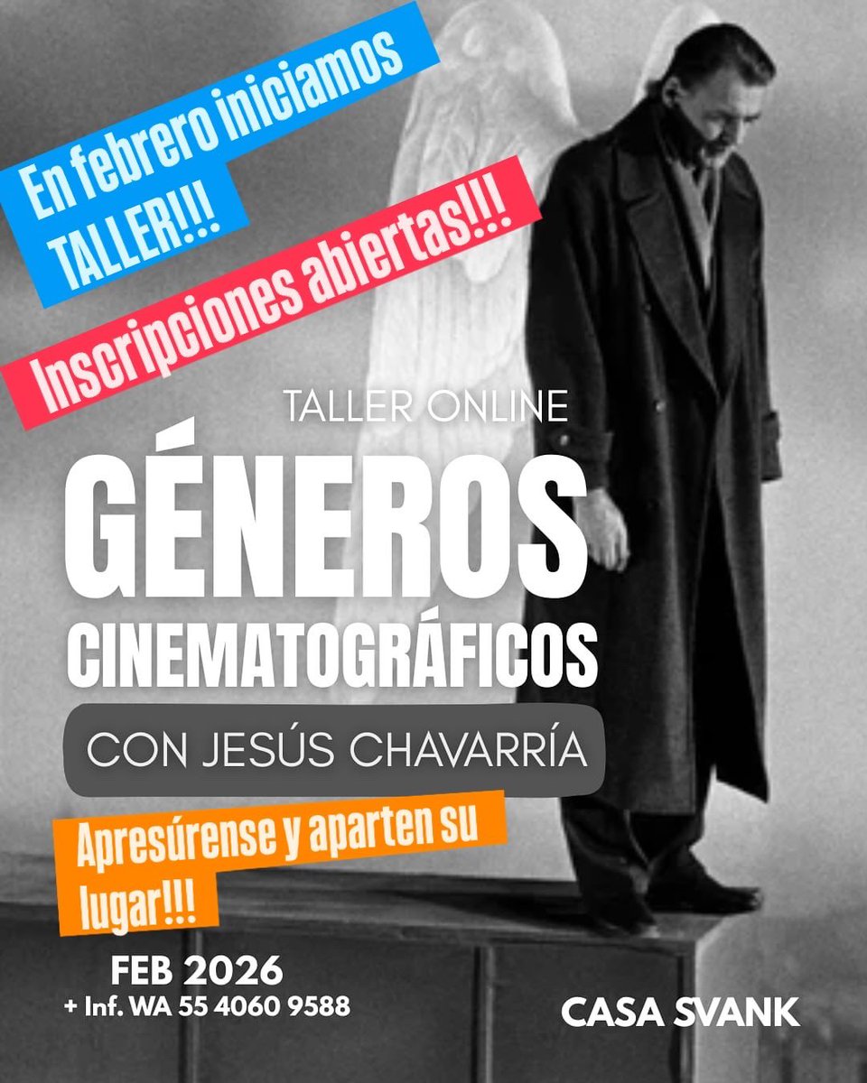 ÚLTIMOS LUGARES!! APARTEN EL SUYO!!
Este febrero impartiremos taller auspiciado por @casasvank, EL CINE A TRAVÉS DE LOS GÉNEROS! 
4 sesiones, 4 películas!! 
Apresúrense y aparten su lugar!
Info WhatsApp 📲: 55 4060 95 88