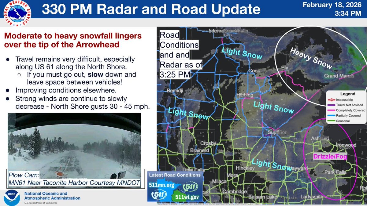 NWSduluth's tweet photo. Heavy snowfall continues late this afternoon at the tip of the Arrowhead. Light snow is working into northwest Wisconsin as drizzle persists along and east of WI Route 13 into north-central WI. Shown also are the latest road conditions as of 3:25 PM. #Mnx #WIwx https://t.co/lni2ogbu0v