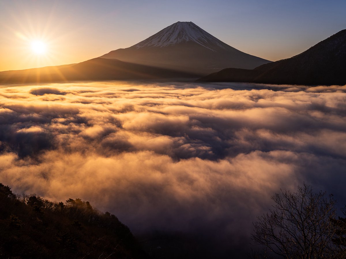 本栖湖より。
朝日に照らされる雲海と富士山🗻☀️☁️
先週土曜日は、予想外に雲海が広がった👀