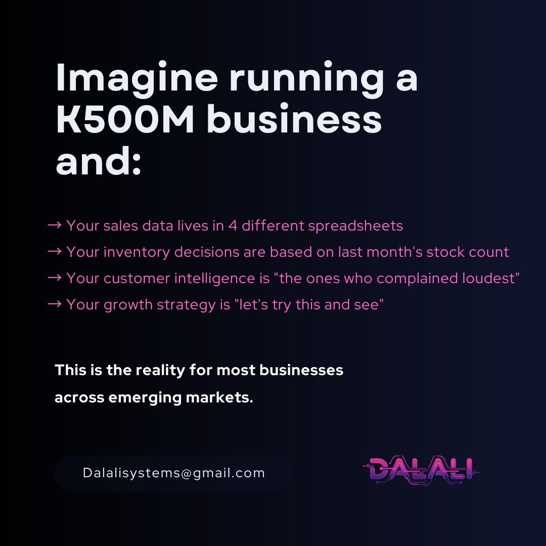 Dalali_System's tweet photo. Most African businesses aren’t failing. They’re operating blind.

Here's why Dalali exists.
#DalaliSystems #BusinessIntelligence 
#AiAfrica #EmergingMarkets https://t.co/C1LqAxpDBn