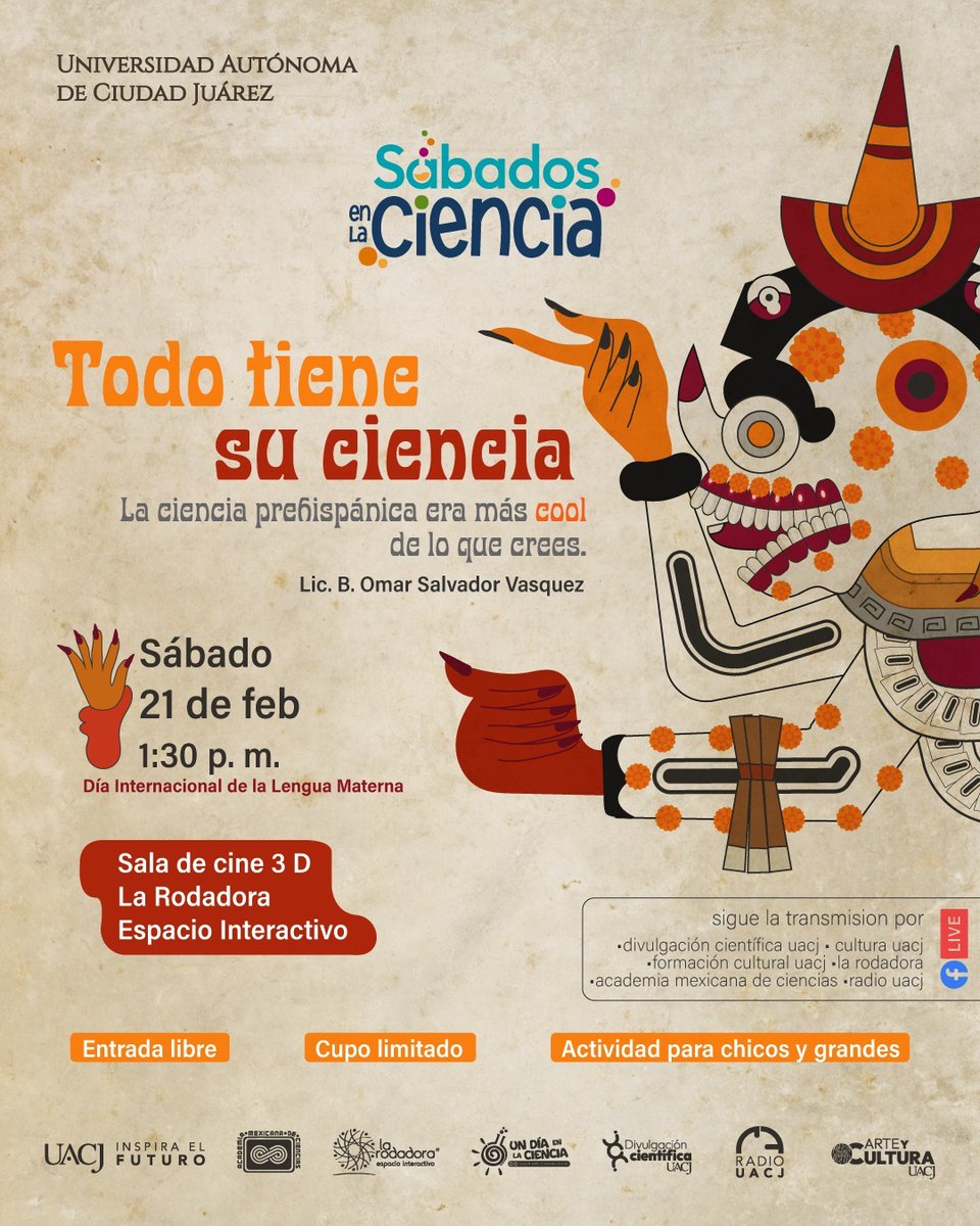boostntwk's tweet photo. La Rodadora invita a la comunidad a   Sábados en la Ciencia el Sábado 21 de Febrero a la 1:30 pm.
Descubre por qué la ciencia prehispánica era más cool de lo que crees, en la charla impartida por el Lic. B. Omar Salvador Vásquez.
La entrada es libre, cupo limitado. https://t.co/HMeYMuqE6O