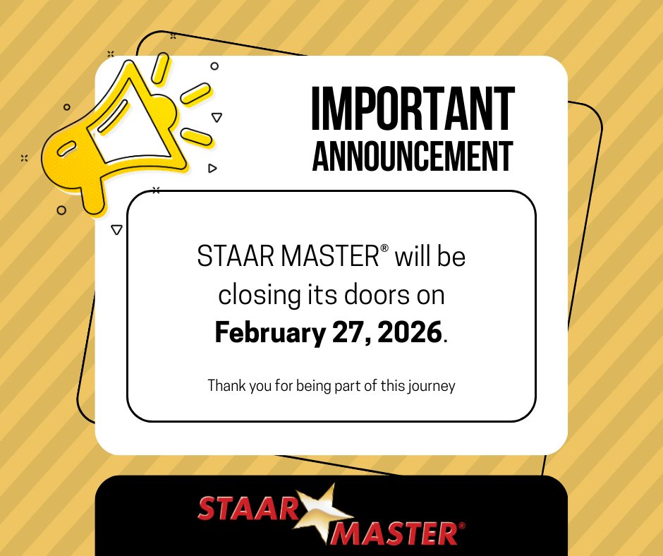 STAARMASTER's tweet photo. 📣 Don’t Miss This Update

After many years of serving #educators through STAAR MASTER®, we will officially close the program on February 27, 2026.

👉 Purchase final orders: https://t.co/Kx3oQK1zPK

Thank you for being part of this journey — and stay tuned for what’s next. https://t.co/uAcvJT7sl0