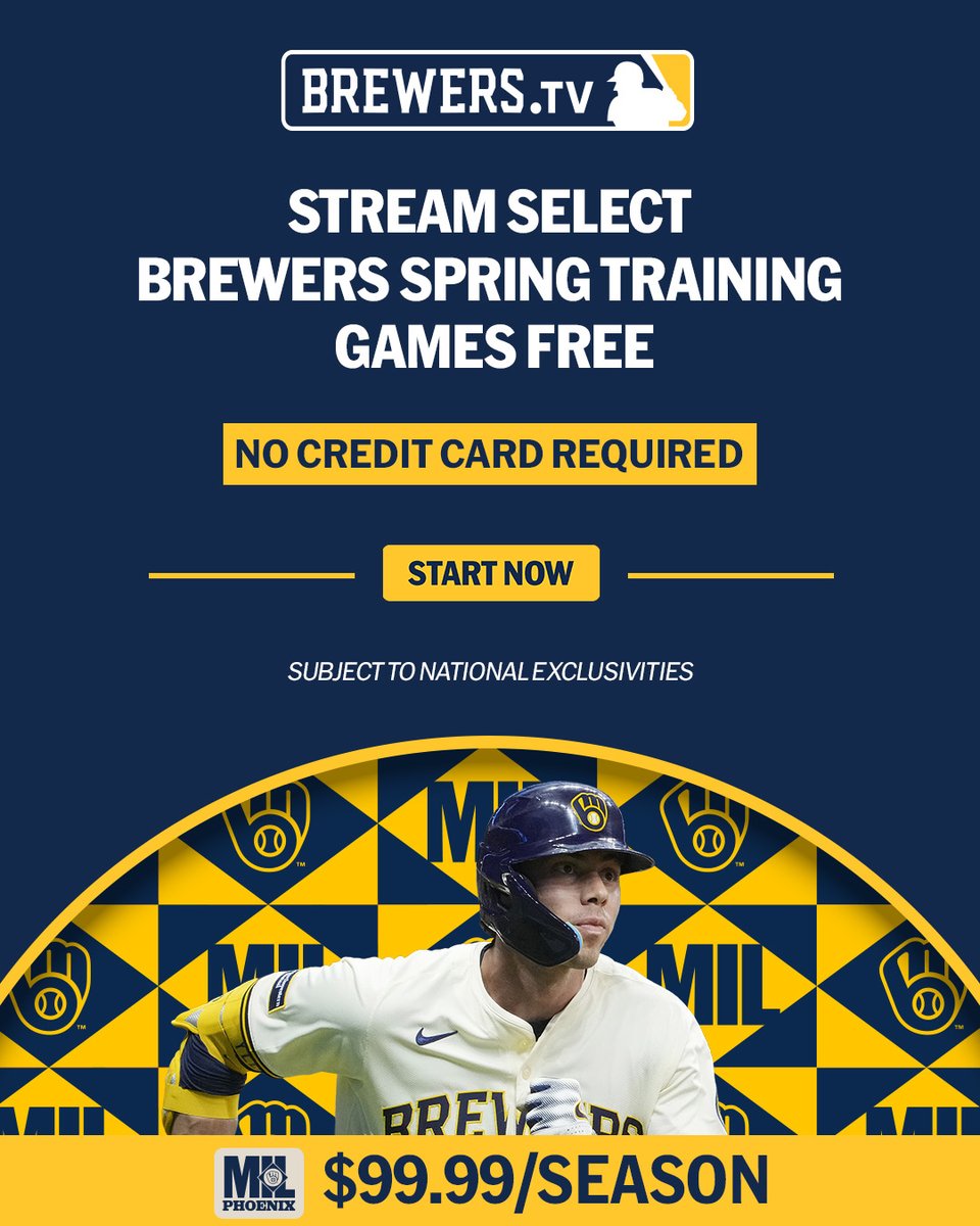 Brewers's tweet photo. Stream Brewers Cactus League action for FREE 📺
 
Catch select Spring Training games for free with an https://t.co/Xlmncjic69 account -- no credit card needed!
 
→ https://t.co/eycfmE2vgm https://t.co/XB4T8IAdfb