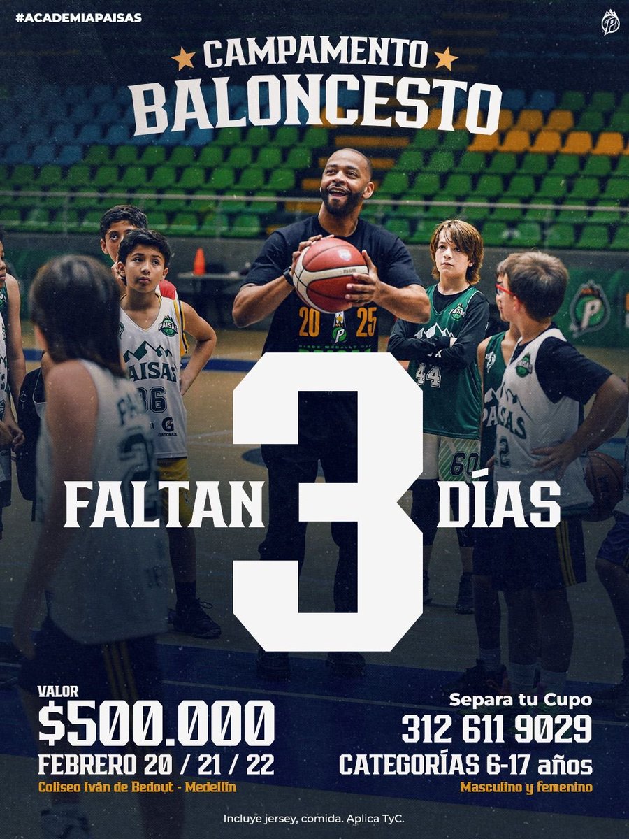 ¡FALTAN SOLO TRES DÍAS PARA EL MEJOR CAMPAMENTO DE MEDELLÍN! 🔥😎

No te quedes sin hacer parte del mejor evento para niños, niñas y jóvenes que aman el baloncesto 🔥😎

¡Últimos cupos al  312 611 9029! 💚🏀