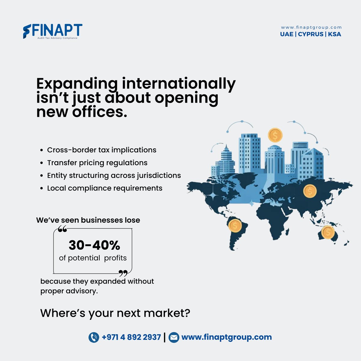 FinAptGroup's tweet photo. 𝗚𝗹𝗼𝗯𝗮𝗹 𝗮𝗺𝗯𝗶𝘁𝗶𝗼𝗻 𝗿𝗲𝗾𝘂𝗶𝗿𝗲𝘀 𝗴𝗹𝗼𝗯𝗮𝗹 𝗲𝘅𝗽𝗲𝗿𝘁𝗶𝘀𝗲.
Where’s your next market?

#InternationalExpansion #GlobalBusiness #CrossBorderTax #TransferPricing #BusinessExpansion #UAEtoGlobal #MiddleEastBusiness #GlobalGrowth #TaxAdvisory #InternationalTax https://t.co/FJcAWbLQzq