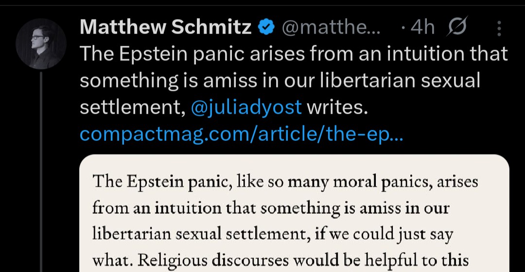 Matthew Schmitz and Julia D. Yost. Do not forget their disgusting Epstein contrarianism. Profoundly evil.