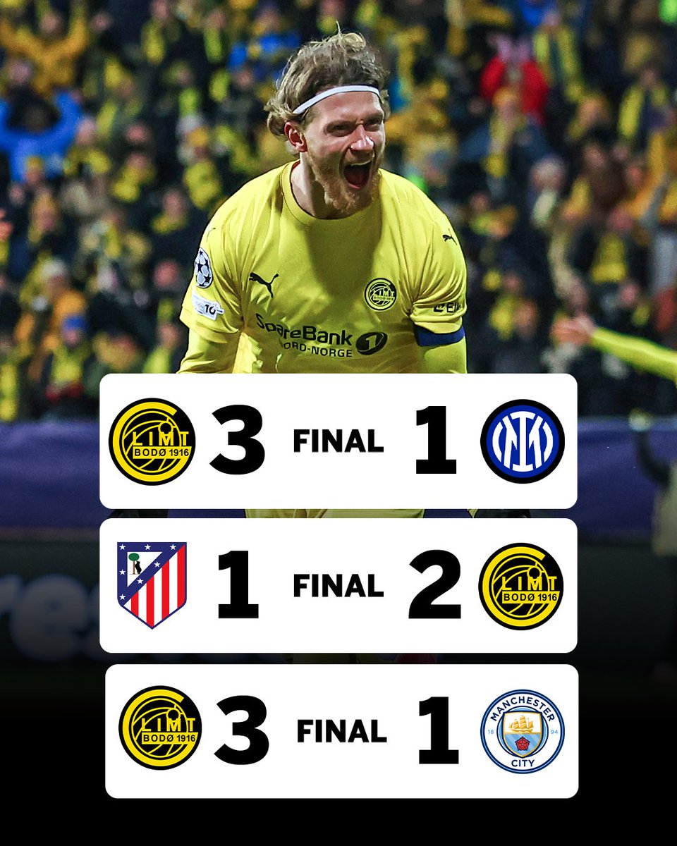 ESPNFC's tweet image. Bodo/Glimt has only gotten to play THREE competitive matches in 2026 since their league season ended in November in order to avoid Norway's peak winter. The three games have come against Europe's GIANTS, Man City, Atletico Madrid AND Inter Milan. This team from of a town of just