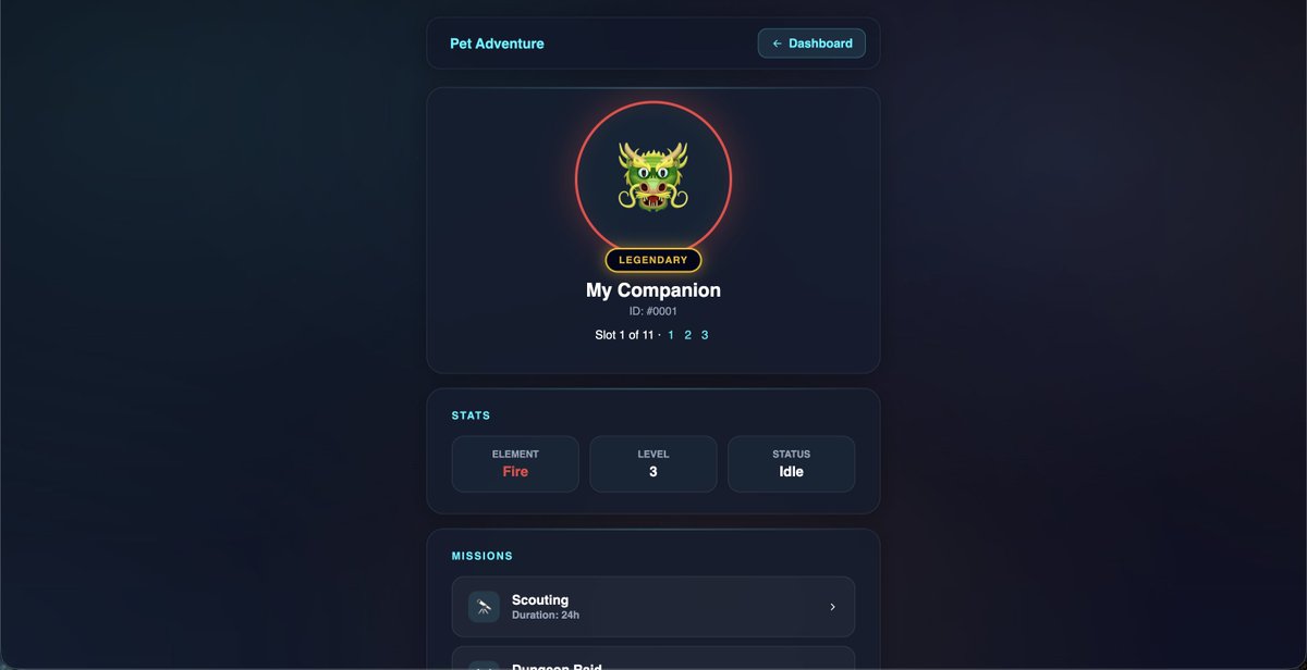 Fresh look for the Pet Adventure dashboard! 🐾✨

We’ve revamped the UI to make managing your companions smoother than ever.

Check out the new stats layout and mission cards.
What do you think of the new aesthetic?

asterbook.com

#Web3Gaming #GameDev #UI #IndieGame