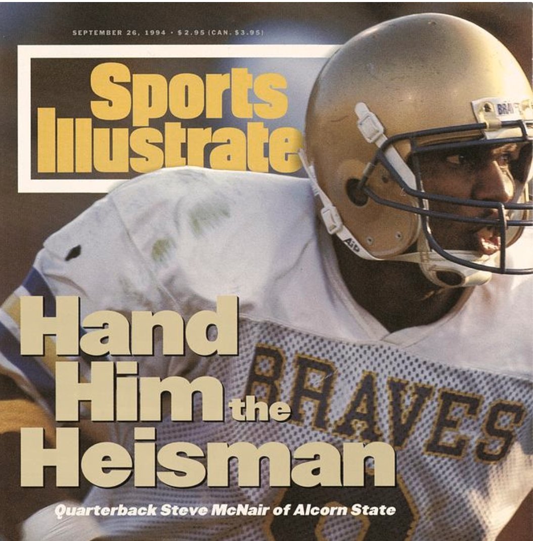 HistColFootball's tweet photo. Steve McNair, Alcorn State Braves, 1991–1994: 16,823 yards, 14,496 passing, 2,327 rushing.
@AlcornStateFB #FeartheBrave #AlcornState #BraveNation #HBCU https://t.co/HOe52mORGP