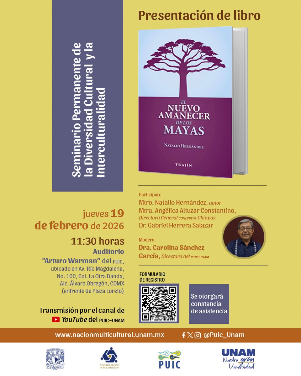 puic_unam's tweet photo. ⏰ ¡Es mañana! Un diálogo sobre el presente y futuro de los pueblos mayas y zoques
Presentamos "El nuevo amanecer de los mayas", la más reciente obra del poeta náhuatl Natalio Hernández.
✅ Registro para constancia: https://t.co/VhPhx281kT
#UNAM #CulturaMaya #Zoques https://t.co/ZzmnhZAZXe