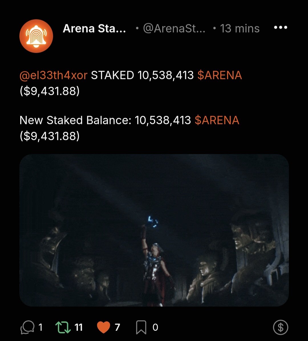 Something big is happenning on <a href="/TheArena/">The Arena ⚔️</a> 
<a href="/el33th4xor/">Emin Gün Sirer🔺⚔️</a> just staked more than 10 m $arena
Its now a arena champion
<a href="/jasonmdesimone/">Jason Desimone ⚔️</a> <a href="/nobsfud/">Nobs (redacted arc)</a> <a href="/avax/">Avalanche🔺</a> <a href="/AvaxTeam1/">Avalanche Team1</a> <a href="/AvalancheFDN/">Avalanche Foundation 🔺</a>