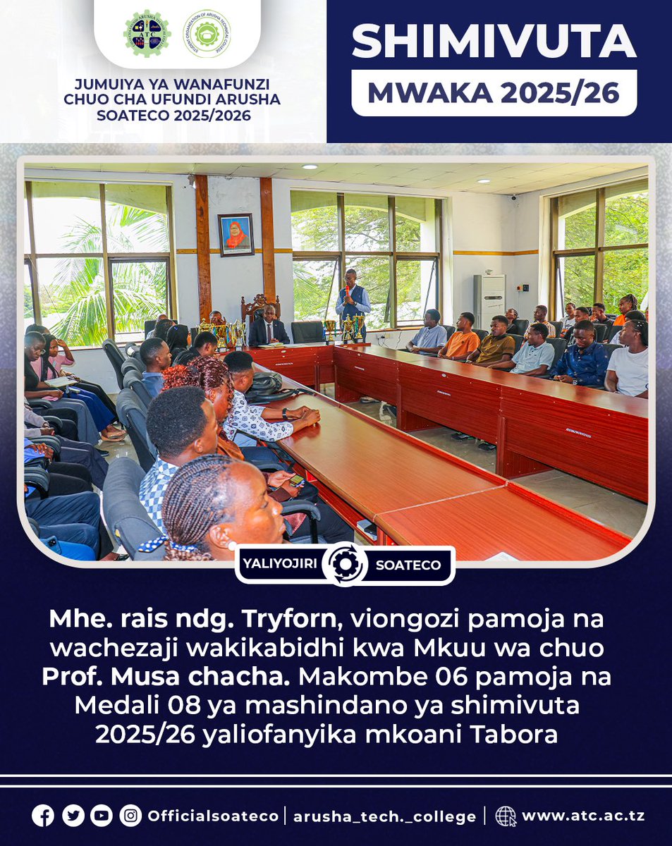🏆🥇SHIMIVUTA 2025/26🏆🥇

Mhe. Rais wa Serikali ya Wanafunzi, ndg. Tryforn, pamoja na viongozi na wachezaji wetu, tumekabidhiwa rasmi kwa Mkuu wa Chuo, Prof. Musa Chacha, jumla ya Makombe 06 na Medali 08 tulizozipata kwenye mashindano ya SHIMIVUTA yaliyofanyika Tabora.