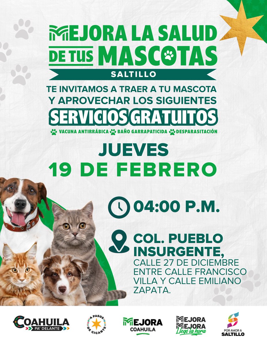 ¡Protege la salud de tus mascotas con Mejora! Te esperamos mañana en la Col. Pueblo Insurgente en #Saltillo.

#CoahuilaPaDelante #APasosDeGigante #MejoraEnTuSalud