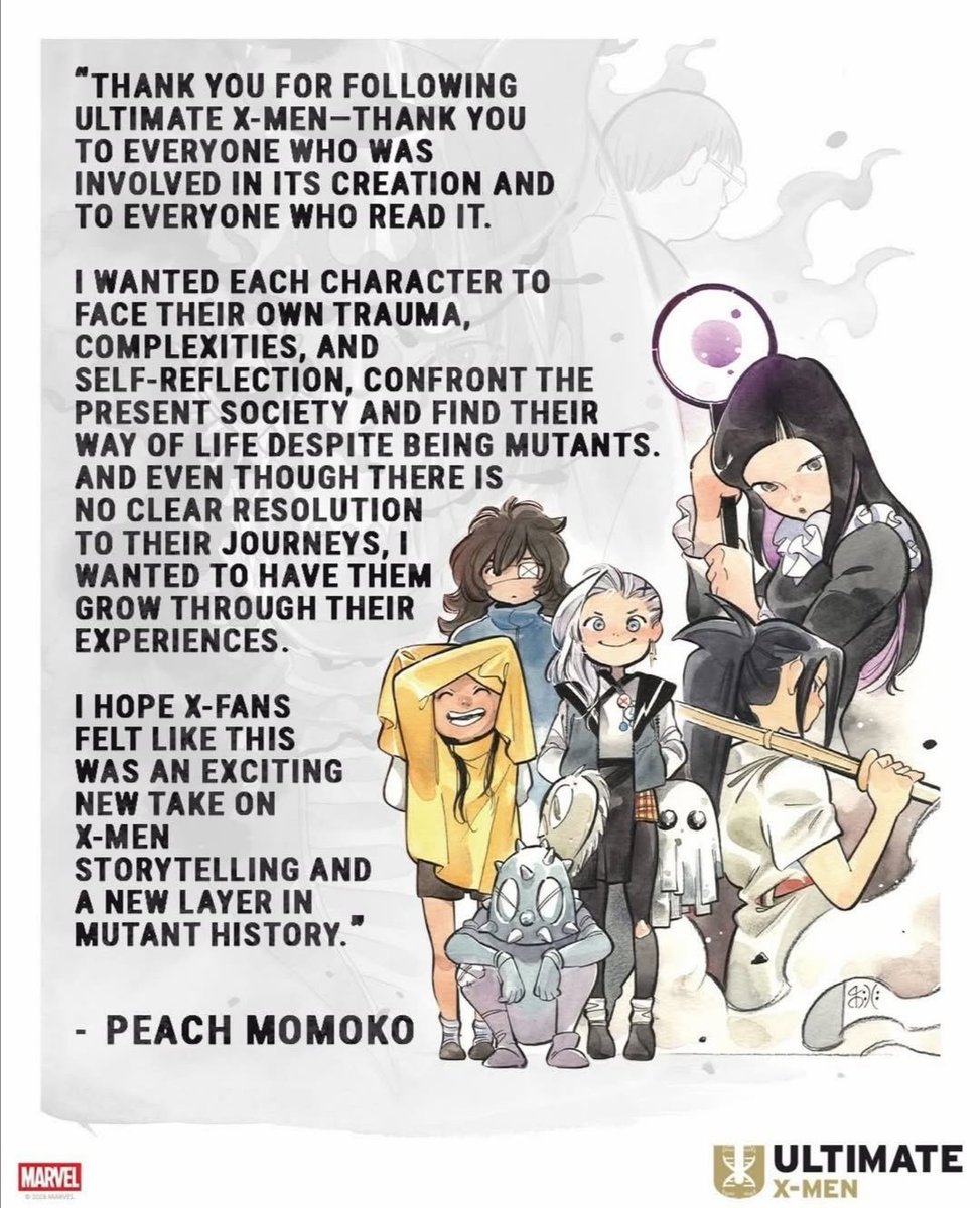 Peach Momoko’s message after the ending of Ultimate X-Men with Issue 24:

It’s crazy to think she wrote and drew all 24 issues without a single delay she truly deserves respect