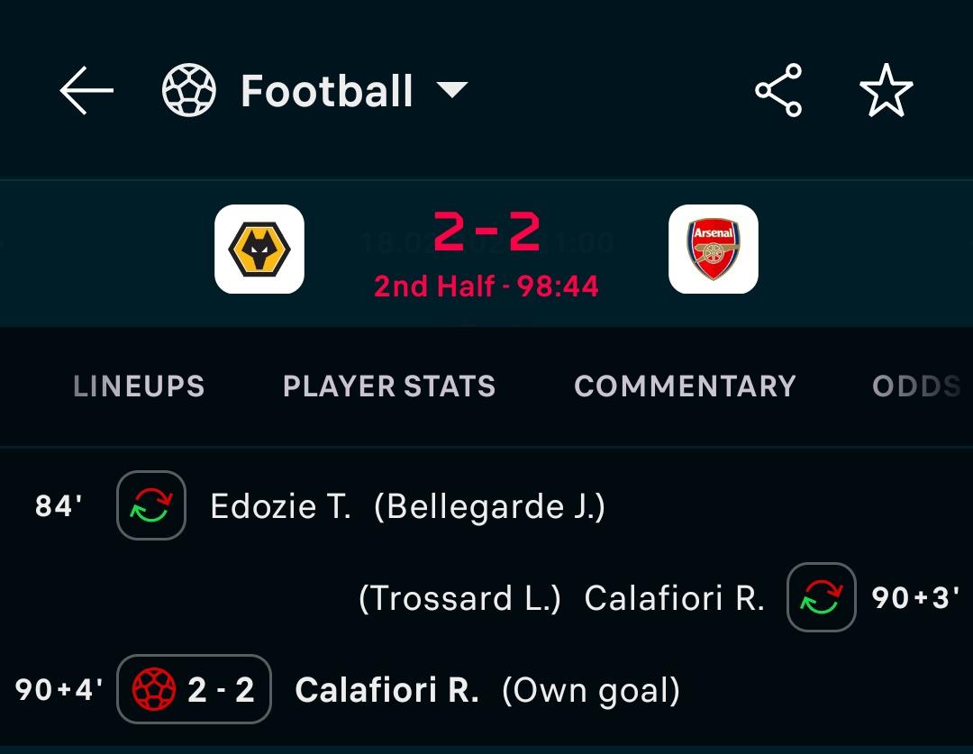 Calafiori came in minutes 93, score an own goal to give wolves an equalizer 😂

A legend of Wolves!
They compared him to cucurella😩😪😂
