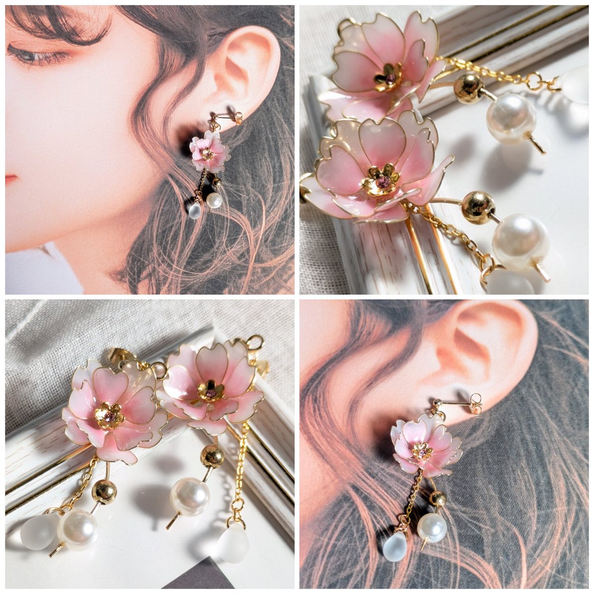 新作✨ 20日20:00時販売開始！ 揺れる桜の花のピアス 磨りガラス風の雫