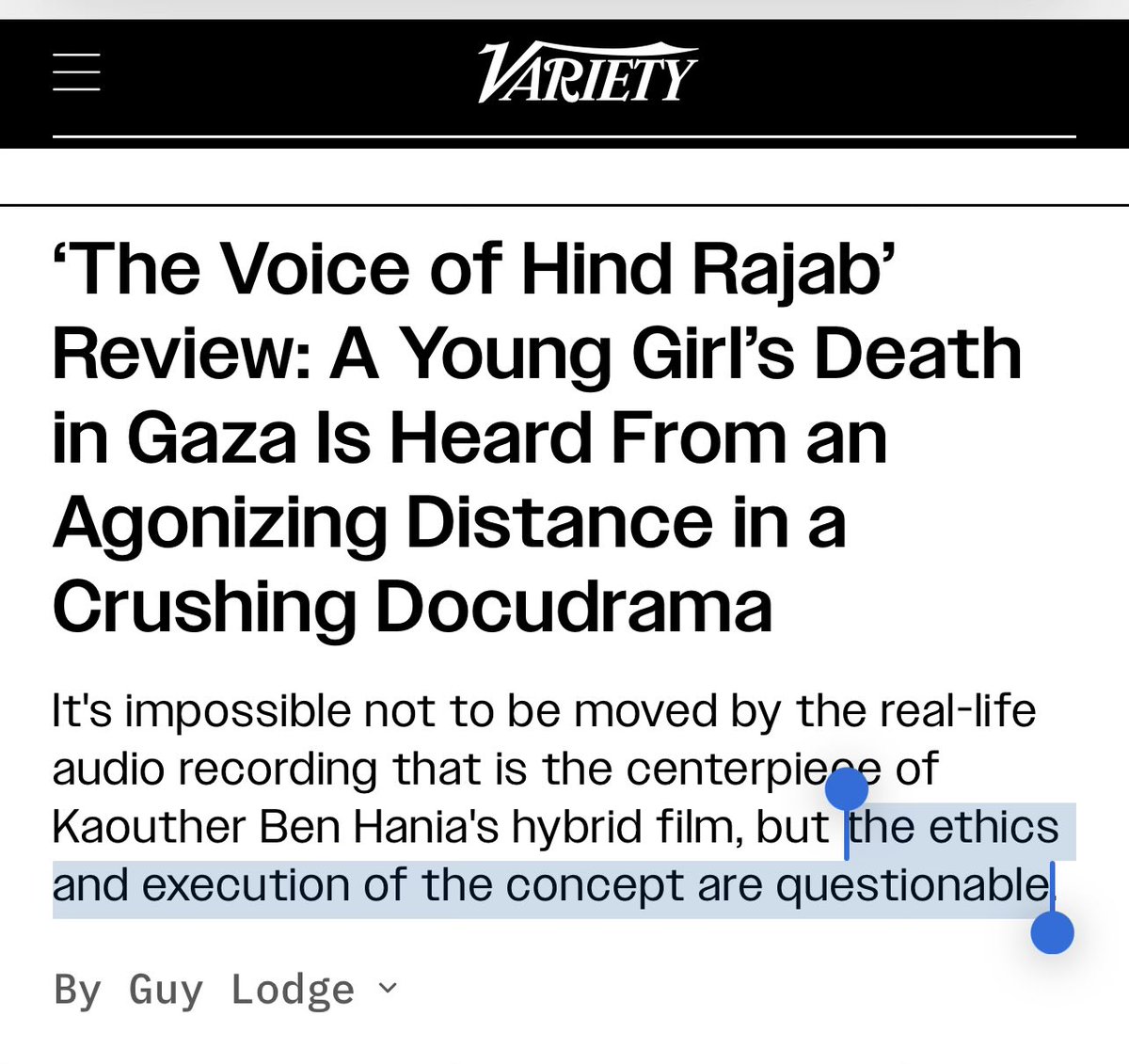 Jazz_Phan's tweet photo. @Partisangirl Zionists will make damn sure this film never gets distributed in the U.S.

Remember everyone, the problem is the film’s “execution of its concept,” NOT the Zionist terror regime literally executing 600,00 Palestinian civilians. https://t.co/qRiAQTVnsz