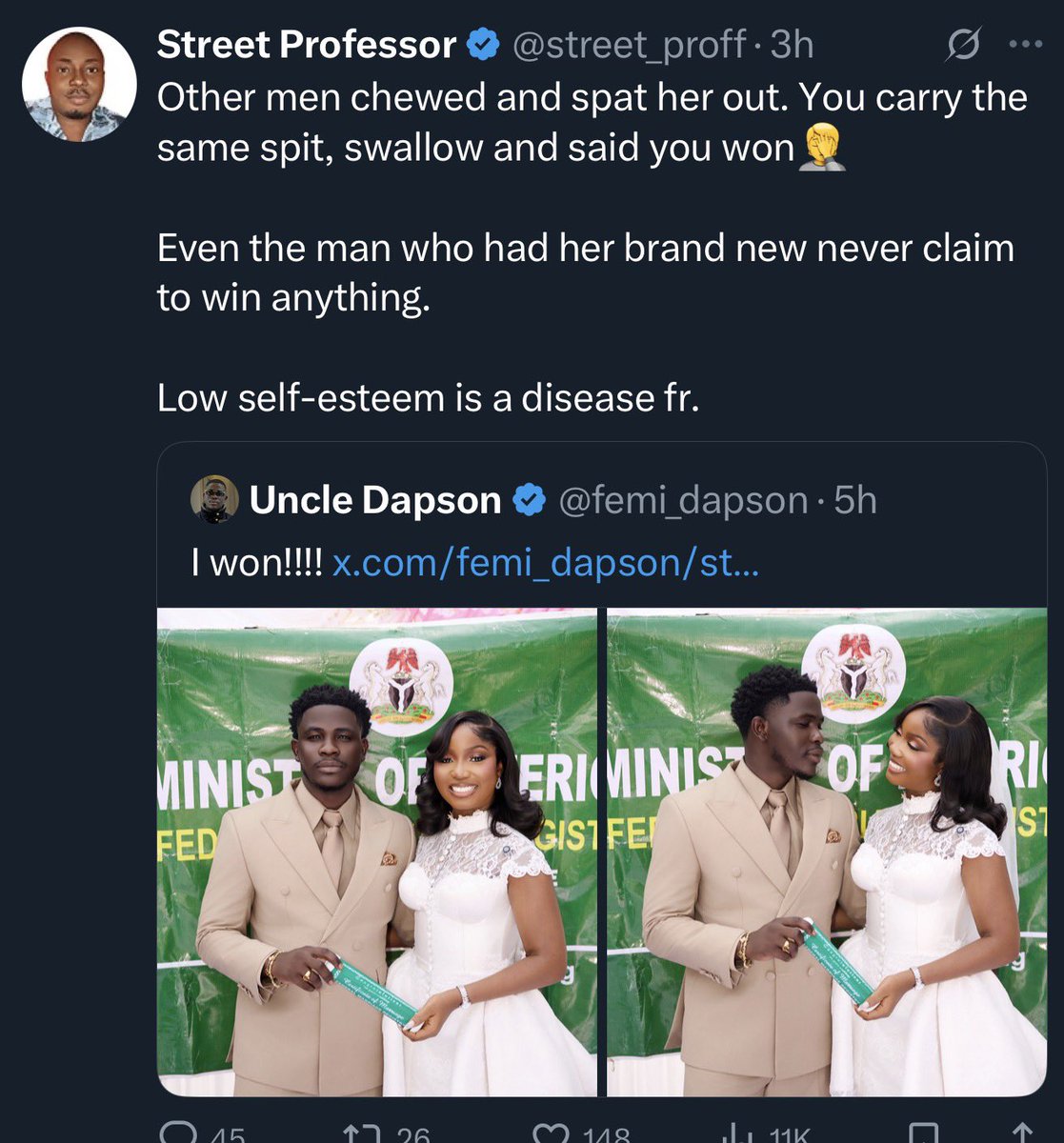 What is this happening on this Street of X how did we raise uncouth, wicked, devilish human beings? 
This is somebody's wife she is his choice why are you angry?