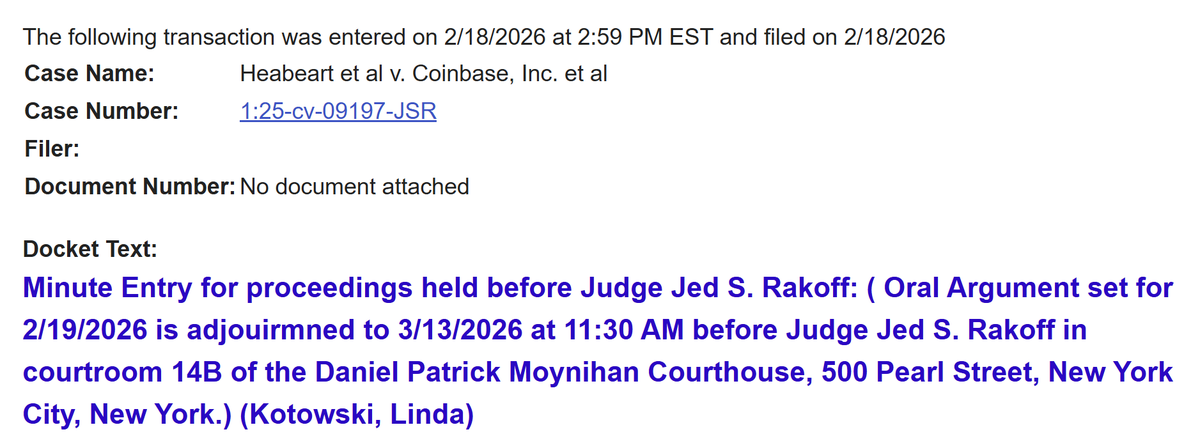 Crypto in the courts: The Coinbase case Inner City Press  was preparing to live tweet tomorrow at 2 pm has been postponed until March 13. Today covered another case against Coinbase, defended by Skadden on "statutory seller," 77da1- Inner City Press on the case(s)