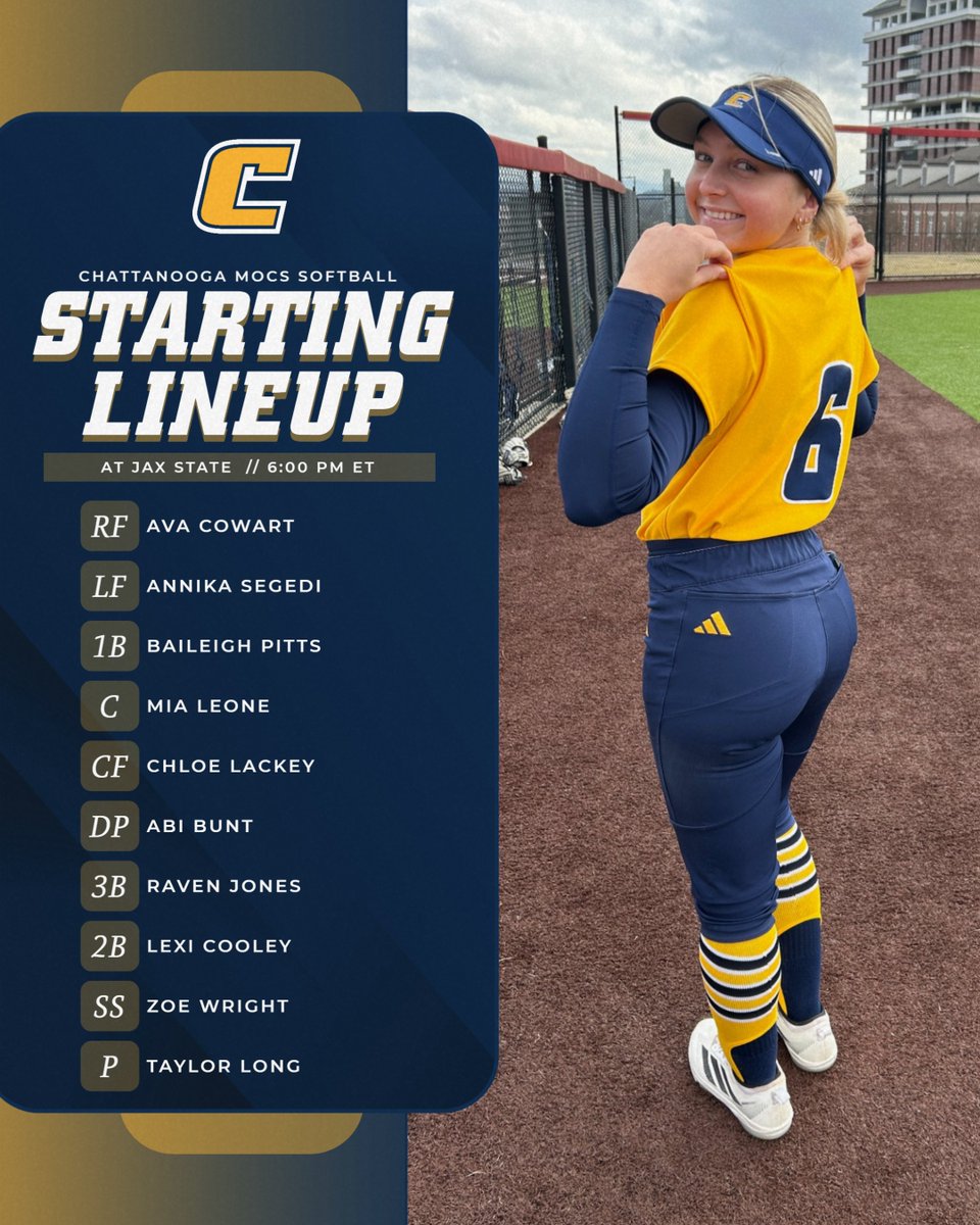 Centerfielder Chloe Lackey showing off the Mocs colors for today's game at Jacksonville State. First pitch at 6 p .m. Eastern time.

Follow all the action online:
📊 bit.ly/4cAUgZt 
🖥️ bit.ly/4s3yRwJ

#GoMocs