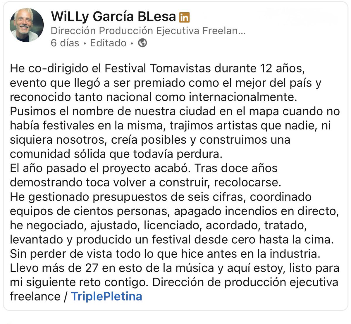 Duele mucho confirmarlo así, con un “open to work” en LinkedIn de Willy García, uno de los fundadores del festival. Madrid se queda huérfano de festivales indies y en concreto pierde el único que siempre se caracterizó por tener un cartel diferente y de calidad.