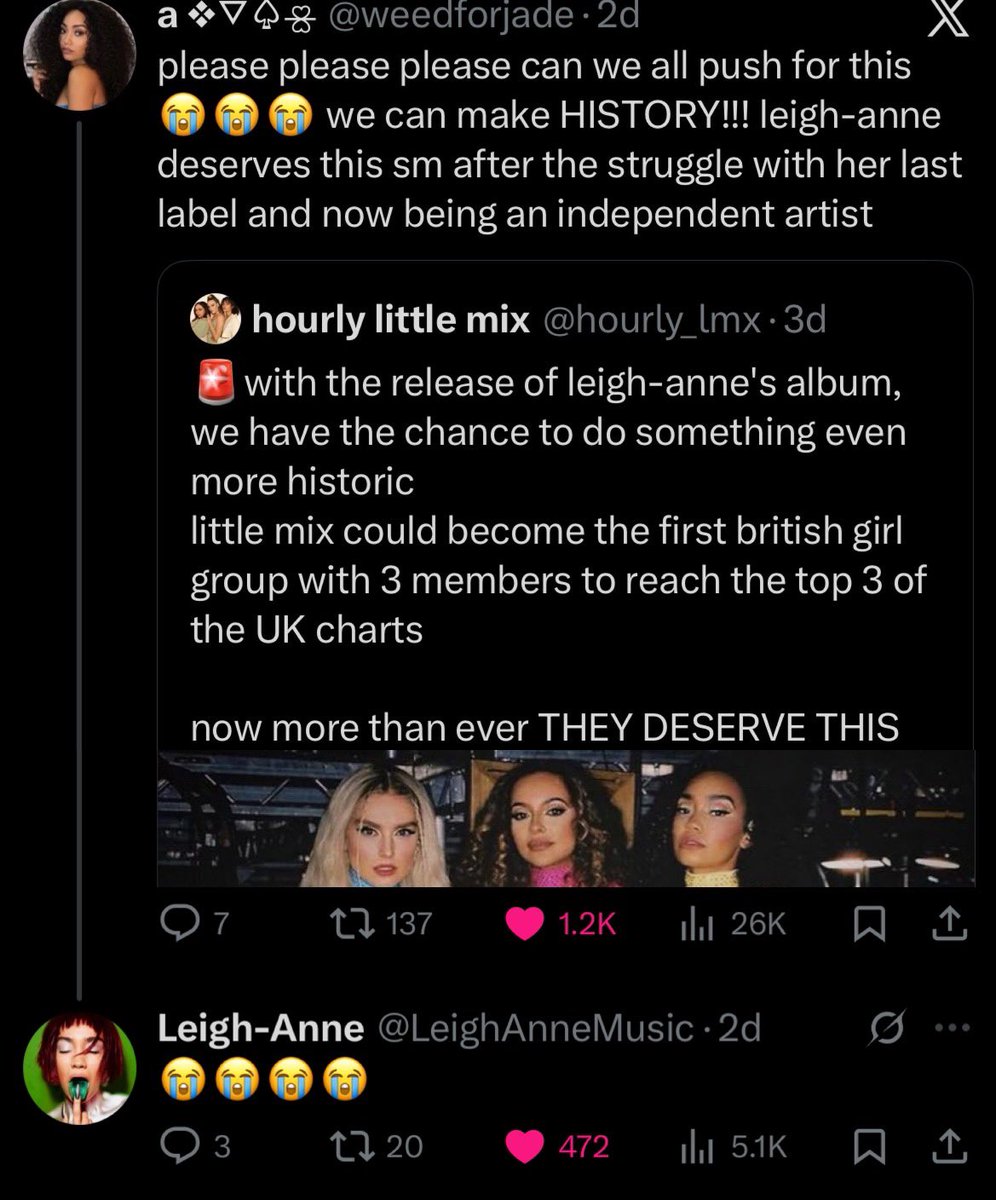 leigh-anne’s reaction at the chance of making history with her little mix sisters and becoming the first british girl group with 3 members to reach the top 3… uk mixers assemble, we have to do this for them!