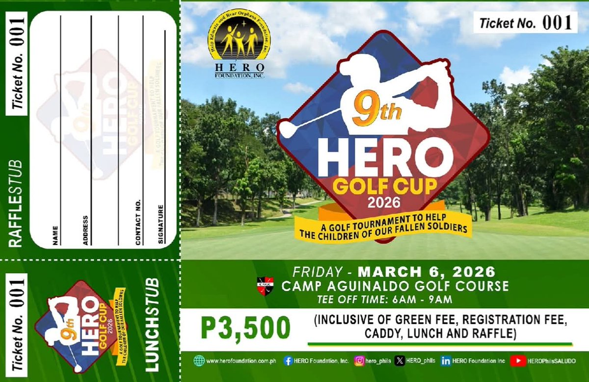 15 days to go before the
9th Hero Golf Cup 2026!

Tickets are now available
Ticket Price: P3,500 (Inclusive of Green Fee + Registration Fee, Caddy, Lunch and Raffle)

Contact Ms. Camille Cataluña at
(02) 8 912 0361 / 0915 6270780 
or email info@herofoundation.com.ph