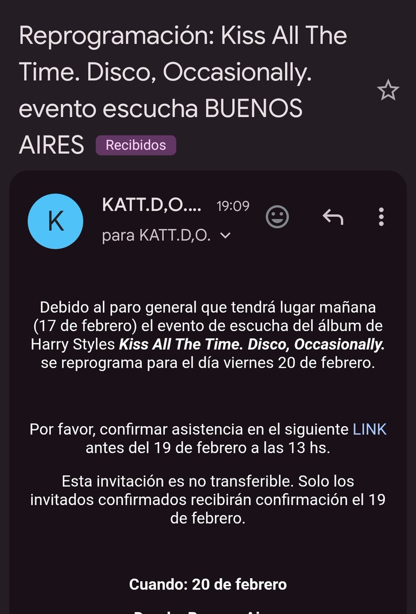 HarryArgentina's tweet photo. EL LISTENING DE KATTDO SE PASA PARA EL VIERNES DEBIDO AL PARO ‼️‼️‼️ https://t.co/SzY5DI3yNV