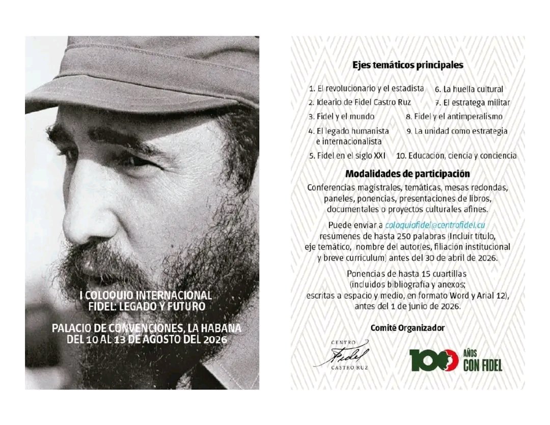 👉El Centro Fidel Castro Ruz invita a investigadores, académicos, jóvenes y amigos de #Cuba a participar en este espacio de reflexión sobre el legado del Comandante en Jefe.

¡Suma tu mirada a este homenaje permanente! ✊️❤️🇨🇺

#100AñosConFidel #FidelPorSiempre