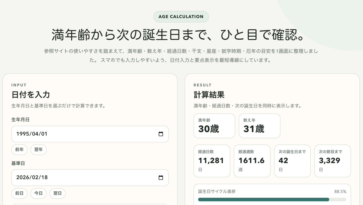 weva_cloud's tweet photo. ���齢計算アプリ

  🎂 生年月日と基準日から、満年齢・数え年・経過日数を即時計算
  📅 次の誕生日までの日数、干支・星座・和暦・就学/進学時期・厄年の目安まで1画面で確認できます

  #Webアプリ開発100日チャレンジ (88日目)
  #便利ツール https://t.co/Fx8tPcn68y