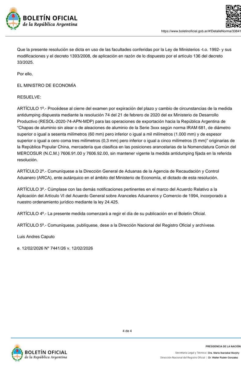 Lo de Madanes (más allá q Fate era inviable) es una extorsión al gob. por esta resol. de cierre de la medida antidumping de la chapa de aluminio, publicada por MECON hace una semana. Me sacas el Muro protector a la chapa, te tiro 900 tipos a la calle.
NSB.
<a href="/JMilei/">Javier Milei</a>
<a href="/LuisCaputoAR/">totocaputo</a>